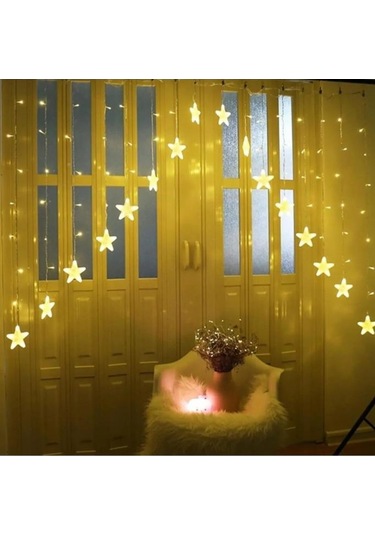 16 Yıldız Noel Işığı, Yılbaşı Perde Led Işık Yıldız Desenli Otantik Aydınlatma Fişli Günışığı Sarı