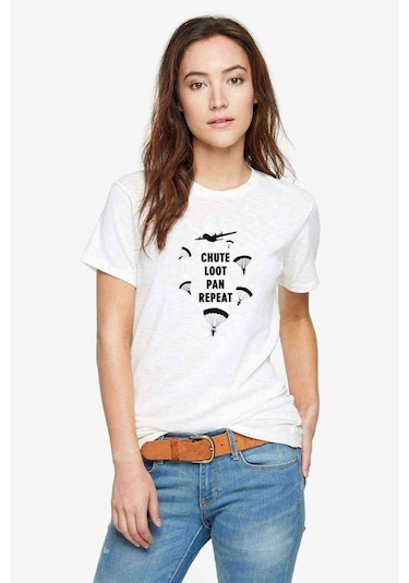 Pubg Paraşut Baskılı Beyaz Kadın Tshirt