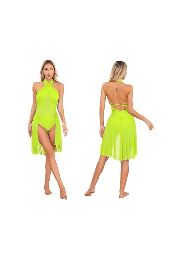 Floresan Sarı Kadın Yetişkin Bale Çağdaş Dans Elbise Lirik Şifon Dökümlü Elbise Kolsuz Artistik Patinaj Jimnastik Leotard Elbise