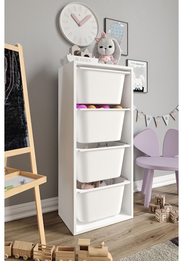 %100 Mdf - Large Mono 4 Büyük Sepetli Oyuncak Dolabı Beyaz