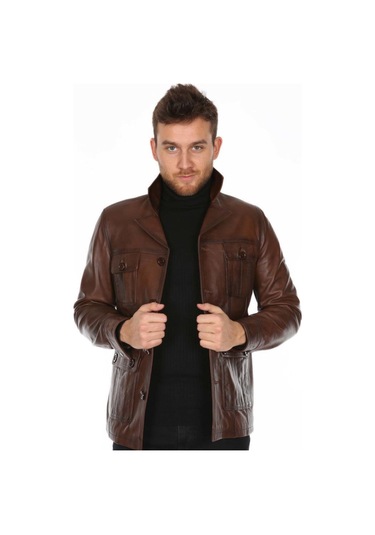 Hakiki Kuzu Derisi Fermuarlı Dört Cepli Düğme Detaylı Erkek Deri Ceket Kahverengi Kahverengi