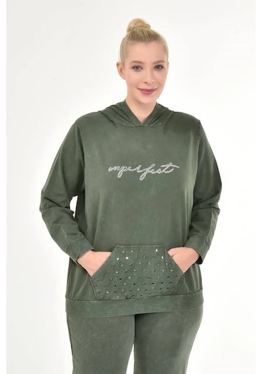 Kadın Büyük Beden İtalyan Yıkama Haki Kapşonlu Sweatshirt Haki