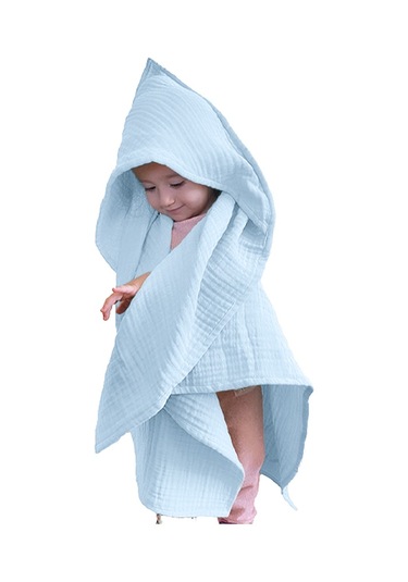 4 Katlı Müslin Kapşonlu Bebek Çocuk Banyo Havlusu Kundak Mavi