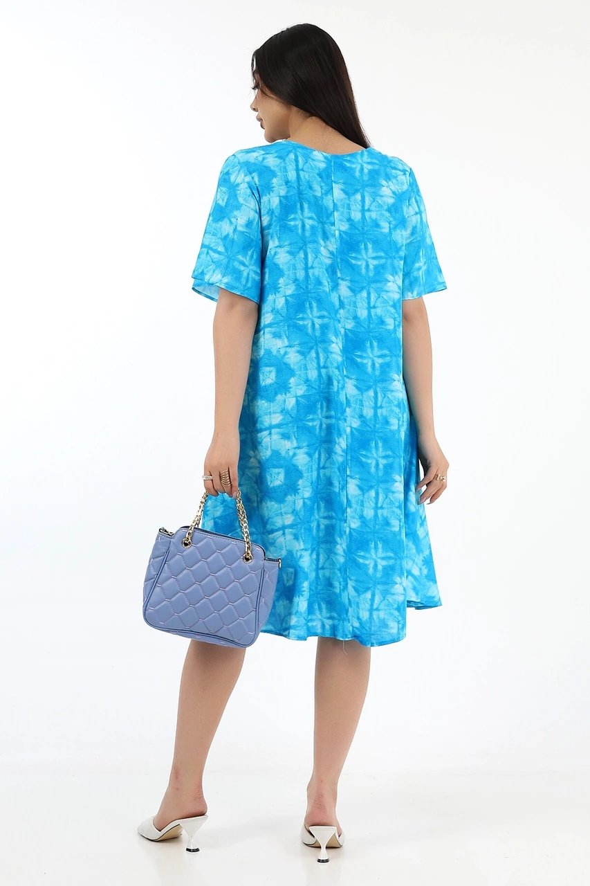 Schık Kadın Viskon Yarım Kol Kare Yaka Elbise Turkuaz Turkuaz