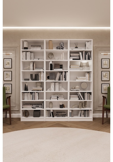 Asra Trend K-20 %100 MDF 180 cm 3 Modüllü Kitaplık 21 Raflı Dev Kütüphane Beyaz