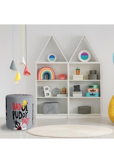 Grey Tweety Puf Warner Bros Lisanslı Ürün, Süet Kumaş, Uluslararası Solmama Sertifikası Çok Renkli