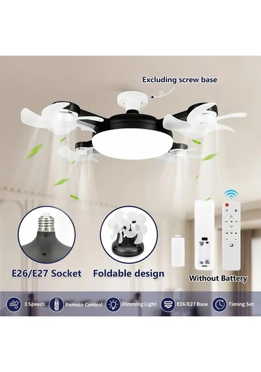 Boatshop1 Üç Beyaz Fan Led Akıllı Tavan Fanı Lambası E27 E26 Soket Uzaktan Kumanda Ayarlanabilir Parlaklık 3 Hız Yatak Oturma Çalışma Odası