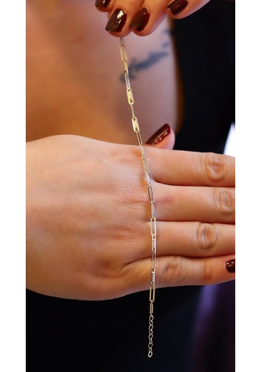 Semiz Altın Taş Detaylı Ataç Altın Bileklik Sarı - Yeşil