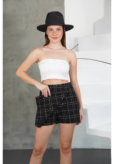 Defymoda İki Düğmeli Şort Etek Siyah H26414 Siyah