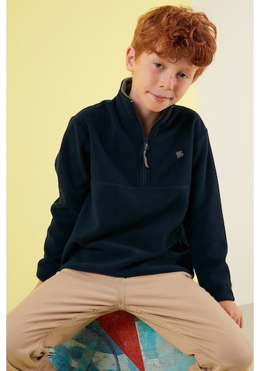 Lela Yumuşak Dokulu Fermuarlı Dik Yaka Şardonlu Kışlık Unisex Çocuk Polar 5905002 Lacivert