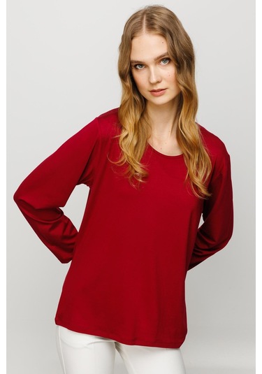 Kadın Sıfır Yaka Basic Penye Bluz Bordo bordo