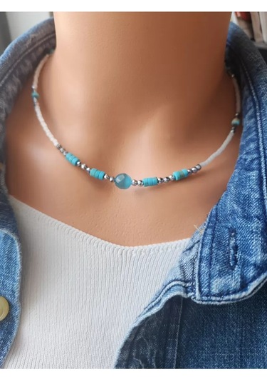 Doğaltaş Turkuaz-kedigözü-hematit Taşı Minimal Kolye Çok renkli