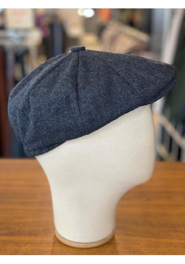 Hamze Peaky Blinders Tarz İngiliz Model Balıksırtı Desen Kaşe Kumaş Kasket Şapka Lacivert