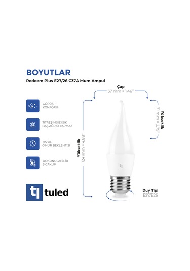 Redeem Plus C37a E27 Mum Ampul, Titreşimsiz, Göz Konforu, 579 Lümen, Soğuk Beyaz, 6500 Kelvin