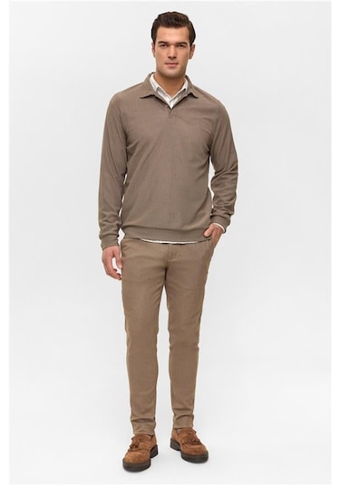 Süvari Açık Kahve Regular Düz Polo Yaka Sweatshirt Açık Kahve
