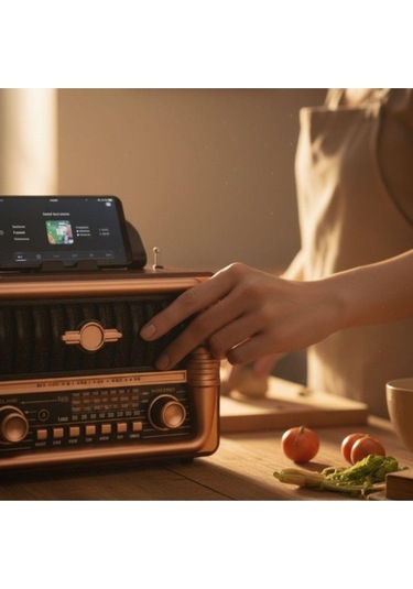 Ns-8079 Büyük Boy Telefon Tutma Aparatlı Retro Ahşap Tasarım Bluetooth Hoparlörlü Radyo Fm/am-437