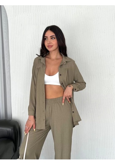 Yakalı Düğmeli Uzun Kollu Gömlek Pantolon İkili Takım - Bej Bej