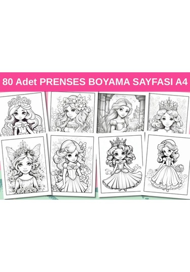 80 Adet Prenses Boyama Sayfası A4 Boyut, Kaliteli Basım,