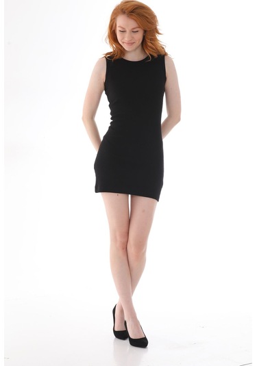 Kallima Siyah Kolsuz Diz Üstü Mini Fitilli Esnek Kalem Elbise Siyah