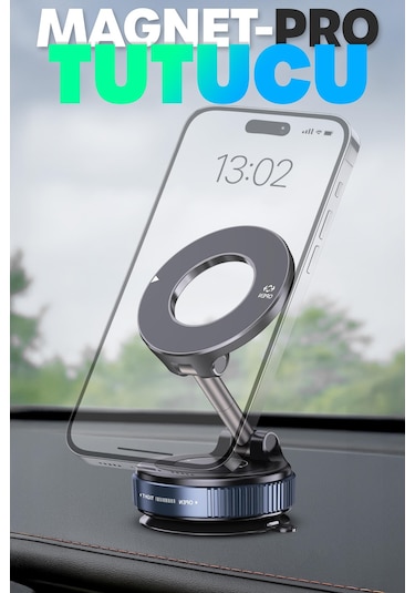 Magnetpro 360 Ayarlanabilir Araç İçi Masa Üstü Vakumlu Mıknatıslı Magsafe Telefon Tutucu Siyah Siyah