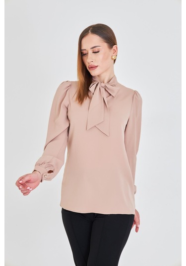 Büzgü Kol Fularlı Gömlek Vizon Vizon