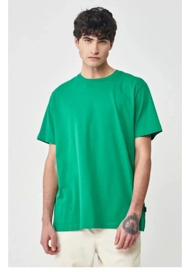 Unisex Düz Biskilet Yaka Oversize T-shirt - Yeşil Yeşil