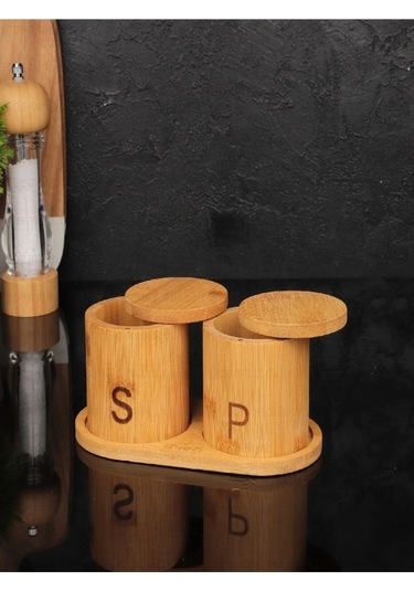 Mien 2'li Mıknatıslı Çevir Aç Kapak Bambu Standlı Kavanoz Baharatlık Seti 858 Ahşap
