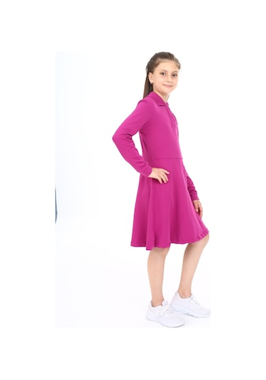 Toontoy Kız Çocuk Polo Yaka Çıtçıtlı Göğsü Baskılı Elbise Mürdüm