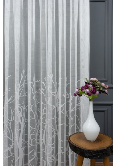 Tül Perde Grek Serpme Nakışlı Tasarım Zarif Moda Desen 1/3kat Pileli Tül Perde BEYAZ