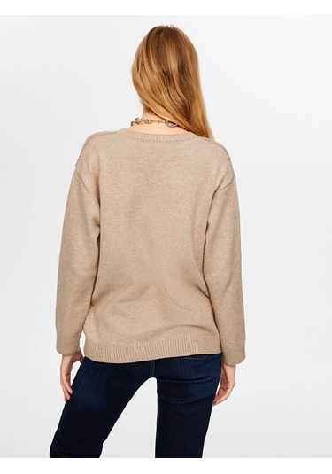 Faik Sönmez Önü Buklet Örgü V Yaka Kadın Triko Bluz W26trb014 Bej