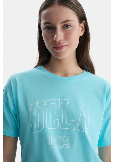Ucla Sanchez Mavi Bisiklet Yaka Baskılı Standard Fit Kadın Tshirt Mavi
