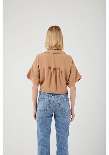 3960 Kadın Robalı Cepli Gömlek Vizon Vizon