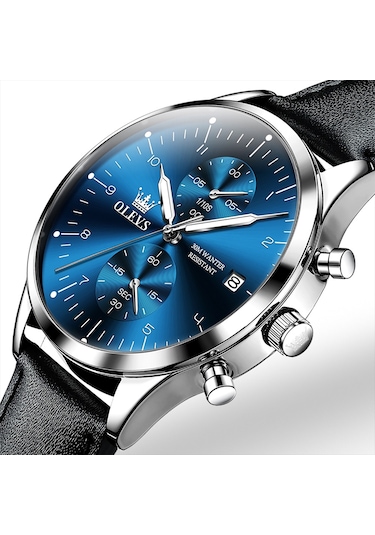 Olevs 2880 Erkekler Çok Fonksiyonlu İş Su Geçirmez Deri Kayış Kuvars İzle Mavi