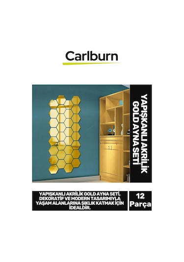 Özel Üretim Dekoratif Modern Altıgen Ev Ofis Duvar Dolap Yapışkanlı Akrilik Gold Ayna Seti 12 Adet