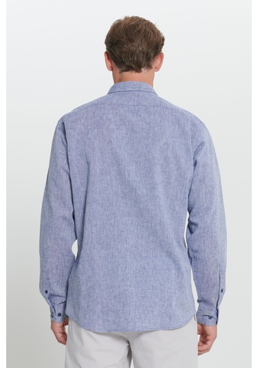 Erkek Lacı Comfort Fit Rahat Kesim Düğmeli Yaka Keten Gömlek Lacı Lacivert