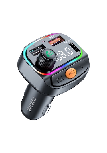 Wiwu Wi-qc031 Rgb Bluetooth Transmitter Mp3 Type-c Ve Usb-a Araç Şarjı Siyah