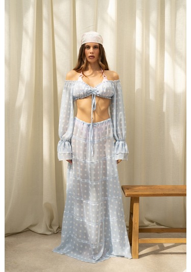 Mai Collection Samos Puantiyeli Mavi Crop Etek Takım