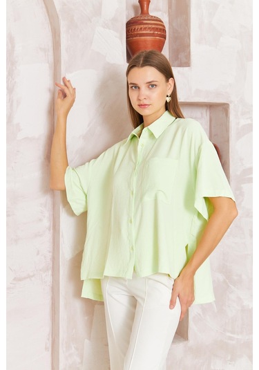 Kadın Yeşil Bol Kesim Kısa Kollu Gömlek Dm9005 Yeşil