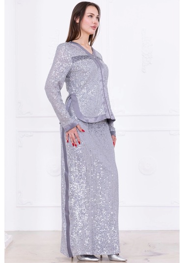 V Yaka Payetli İkili Takım 4716-gri Gri