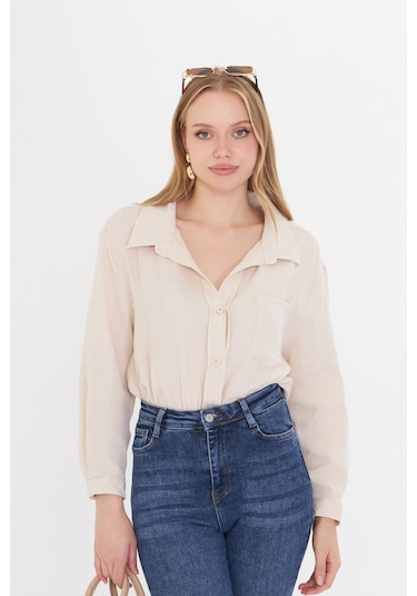 Kadın Oversize Basic Cepli Müslin Gömlek Bej