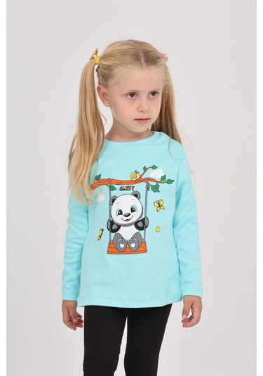 Toontoy Kız Çocuk Sallanan Panda Baskılı Sweatshirt Turkuaz