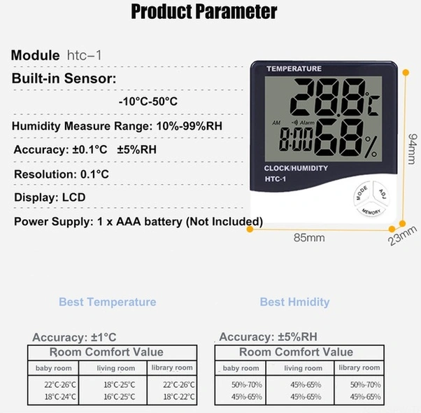 Tongxida Anasayfa Termometre Higrometre - İç Mekan Sıcaklık Ve Nem Ölçer, Alarmlı Saat, Büyük Lcd Ekran, Max/min Hafızalı Htc-