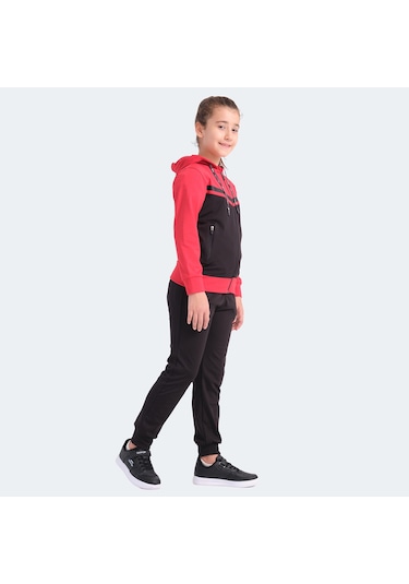 Slazenger NOON Çocuk Fermuarlı Kapüşonlu Cepli Siyah / Kırmızı Eşofman Takımı