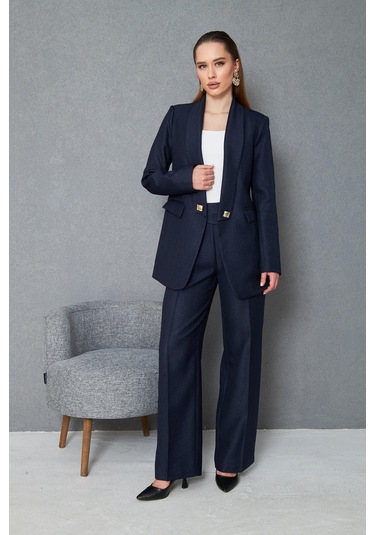 Kare Düğmeli Yünefekt Takım Lacivert Düz Lacivert