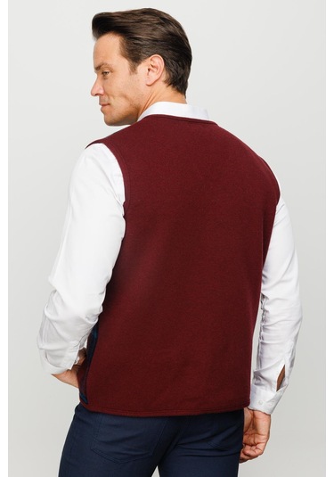 Erkek V Yaka Önü Kareli Yelek Bordo Bordo