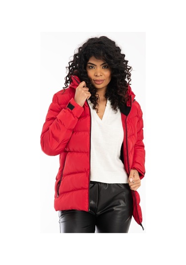 Kadın Kırmızı Kapüşonlu Içi Polarlı Kürklü Su Geçirmez Rüzgara Dayanıklı Şişme Mont Kırmızı