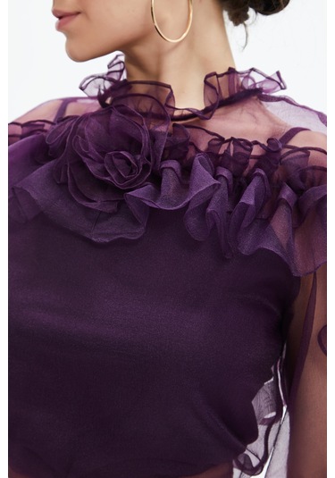 Kadın Volan Detaylı Şifon Bluz Çiçek Yaka Tasarım, Uzun Kollu Mor