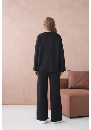 Kadın Bisiklet Yaka Düşük Kol Kazak Pantolon İkili Triko Takım Siyah
