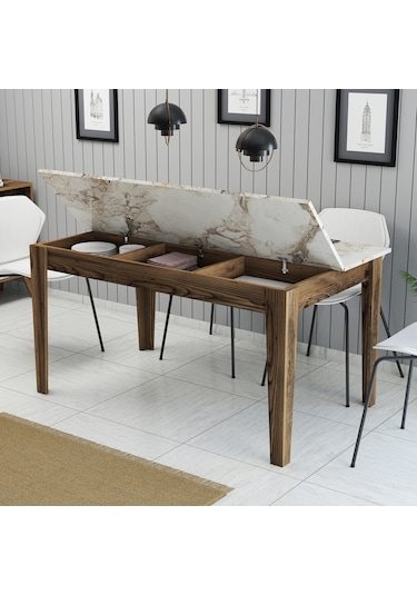 Milan Yemek Masası - Ceviz / Beyaz Mermer