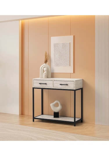Ahşap 2 Çekmeceli 1 Raflı Metal Gövdeli Dresuar Bej Siyah-bej Siyah - Bej